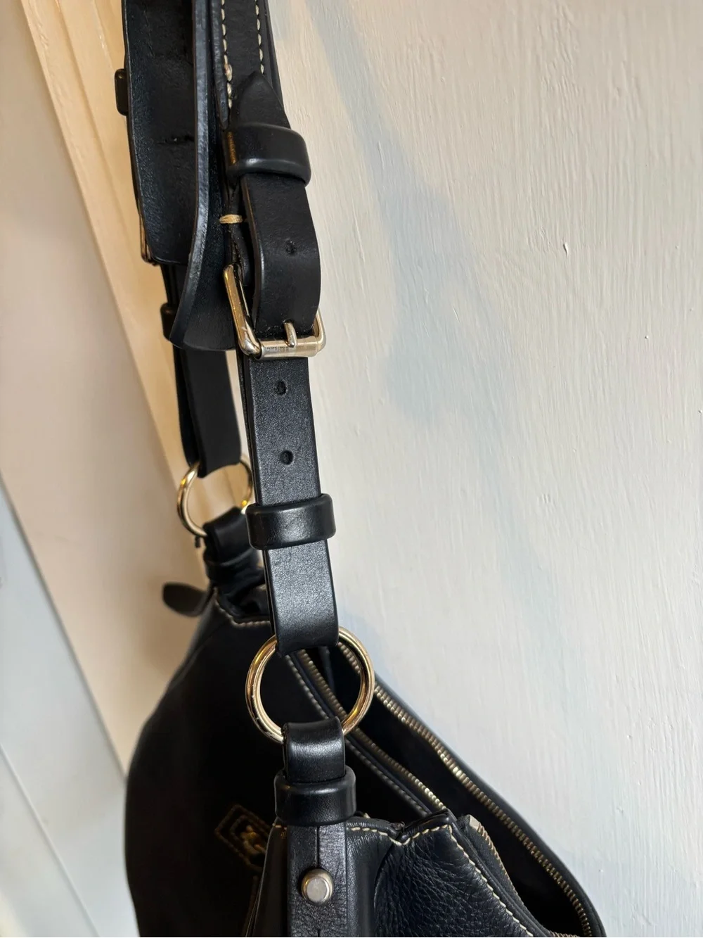 Dooney & Bourke Black Pebbled Leather Shoulder Bag with Gold Hardware